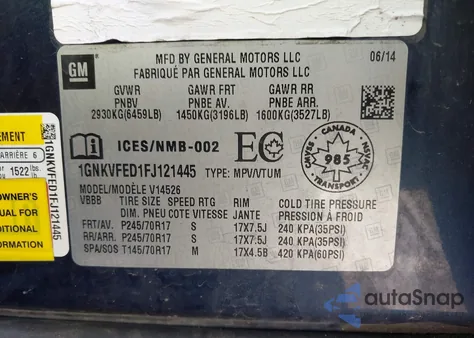 2015 Chevrolet Traverse Ls from USA, damaged, VIN 1GNKVFED1FJ121445